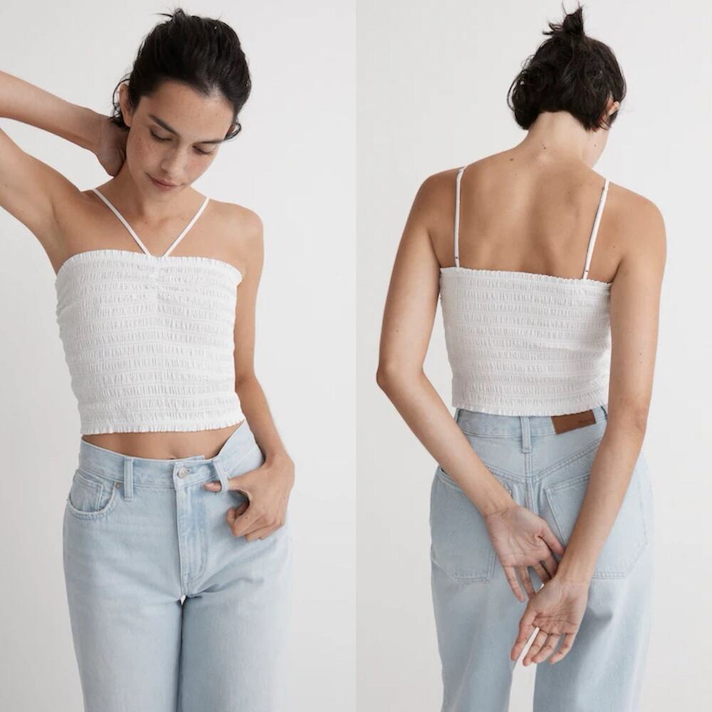 NWT Madewell Poplin Smocked Halter Crop Top L Large White